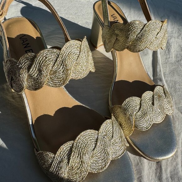 Vaneli ‘Lettie’ Gold Beige Platinum Weave Block Heel Sandals - Picture 7 of 13